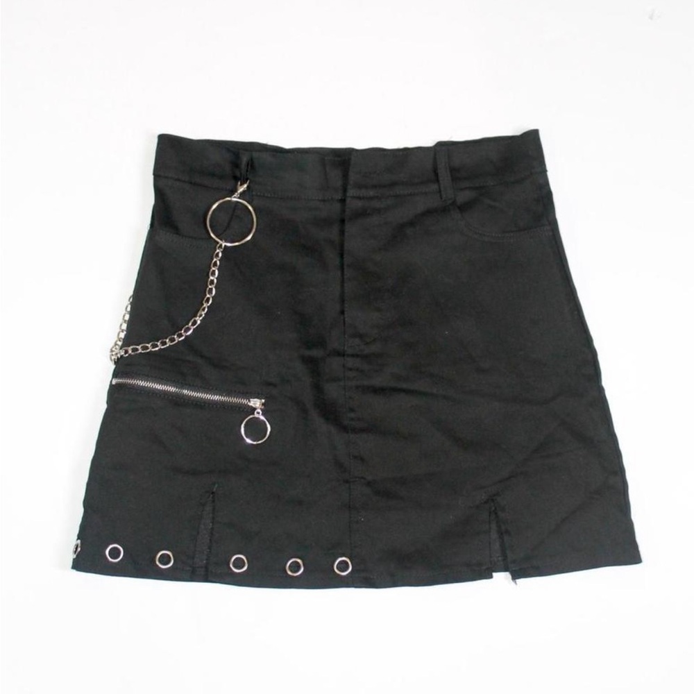 Black Mini Skirt with Grommet and Chain Detail